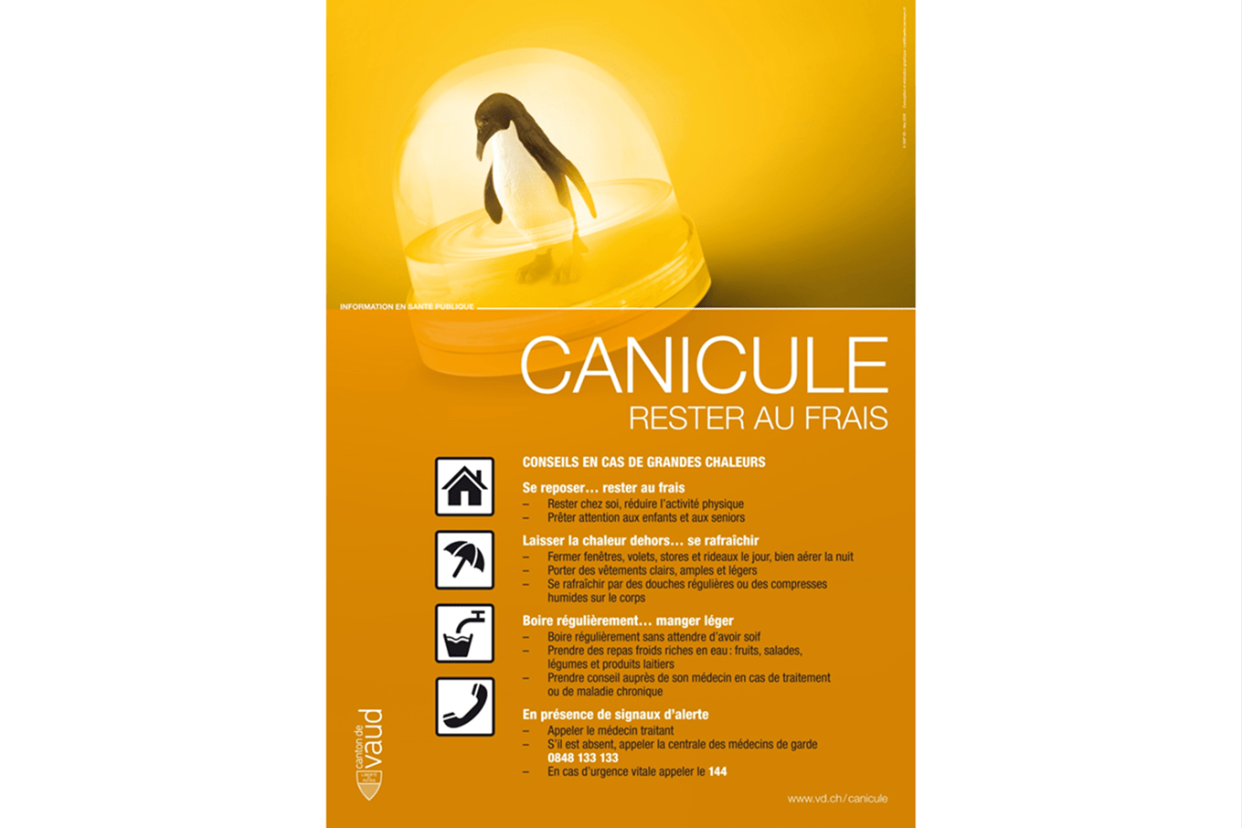 Affiche canicule du canton de Vaud avec les conseils en cas de grandes chaleurs