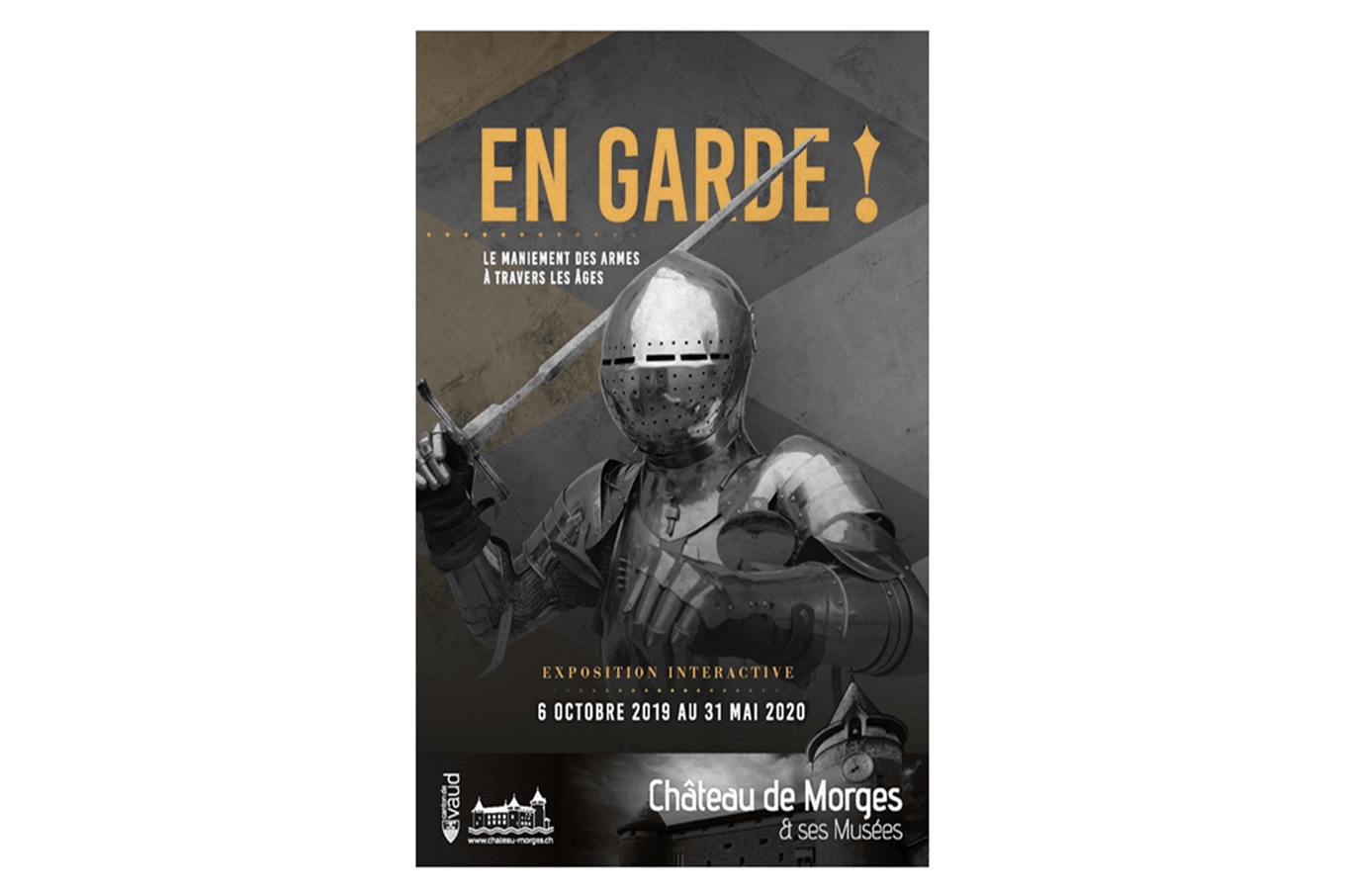Affiche de l'exposition "En Garde!" représentant un soldat en armure brandissant une épée