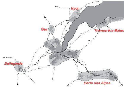 Le schéma d’agglomération 2012, un cœur d’agglomération transfrontalier en réseau (Genève, Bernex, Saint-Julien, Annemasse, Ferney, Saint-Genis), conforté par cinq agglomérations régionales (PAFVG 2012)