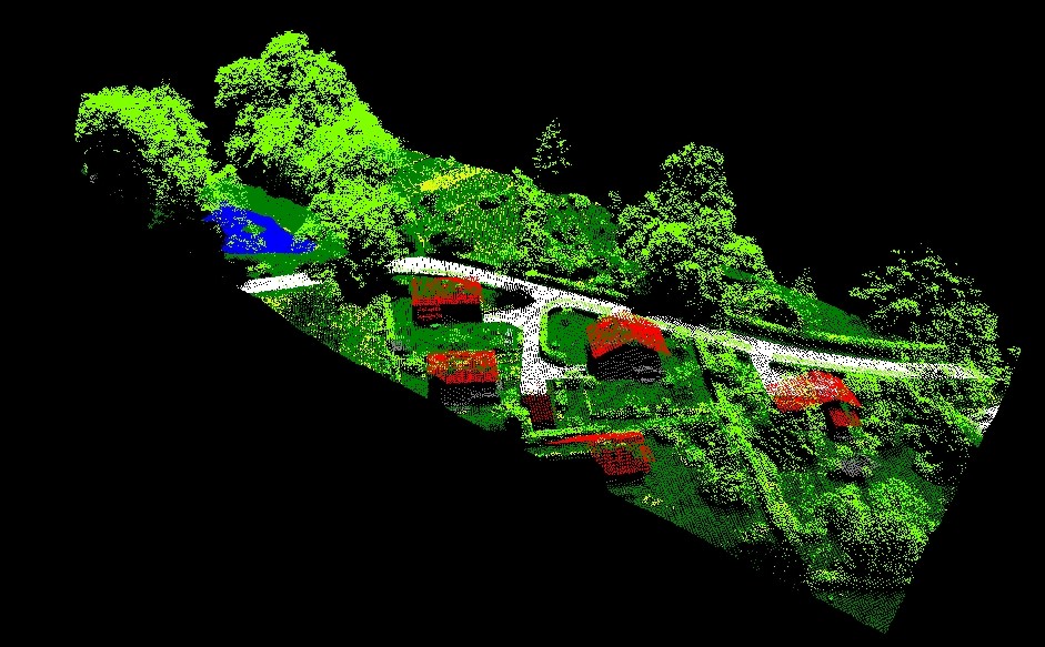 Illustration d’un nuage de points bruts LiDAR. Un traitement semi-automatique permet d’attribuer une classe thématique (bâtiment, sol, végétation, ...) à chacun des points bruts.