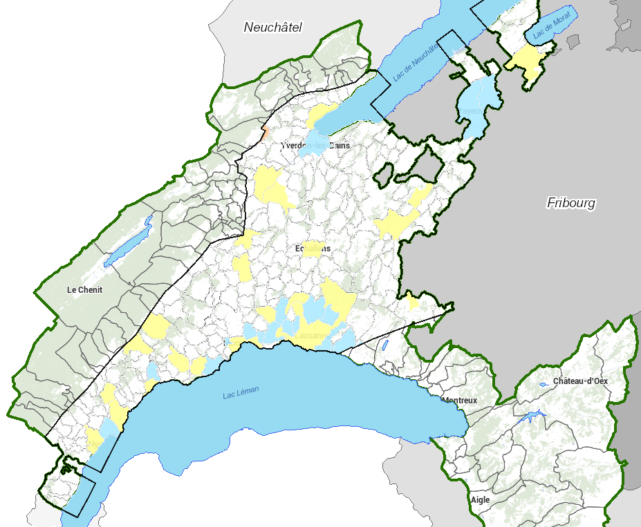 Carte du canton de Vaud présentant les communes qui ont un potentiel de géothermie profonde