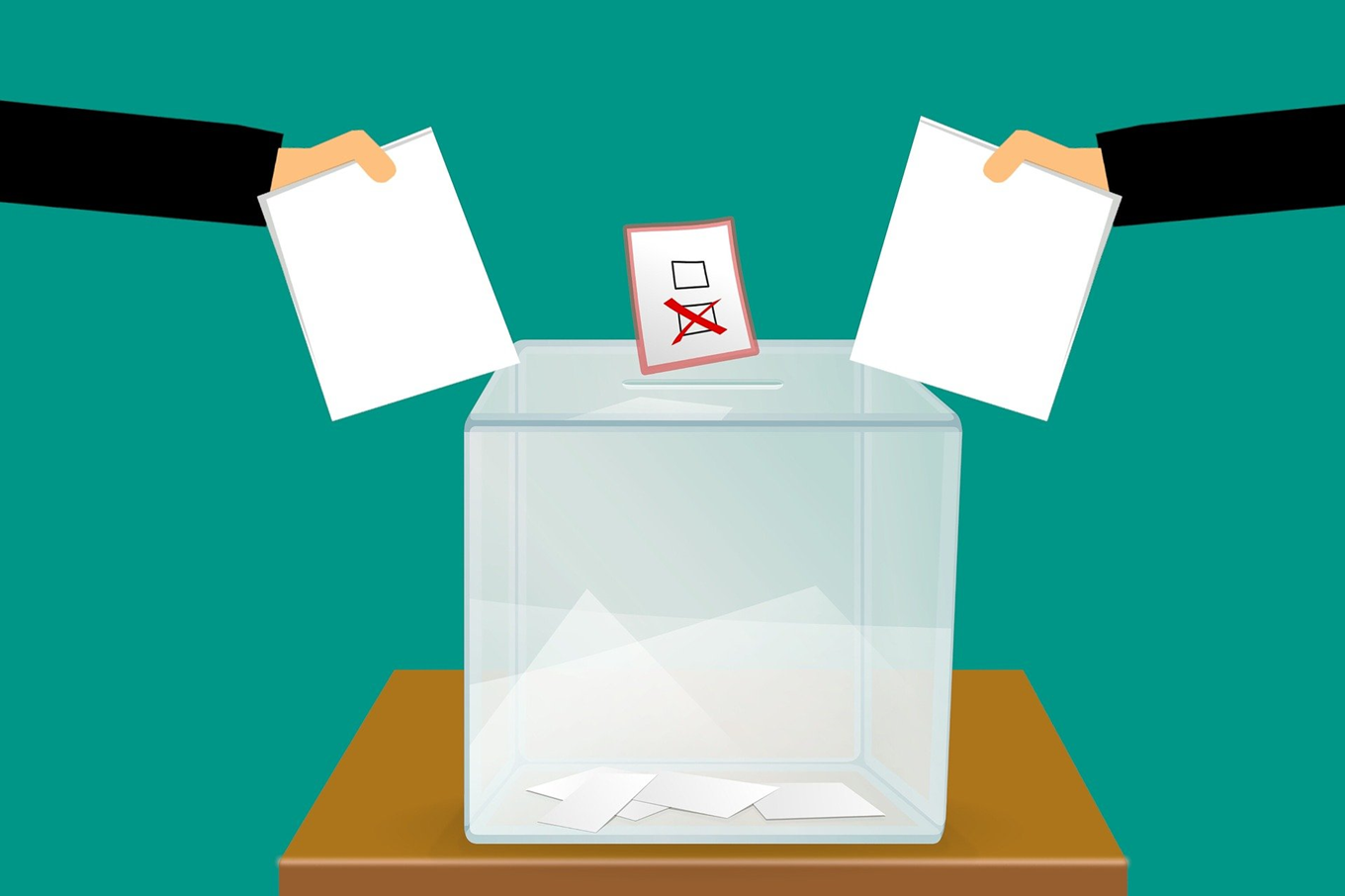 Image d'illustration de deux personnes en train de voter et d'une urne au millieu